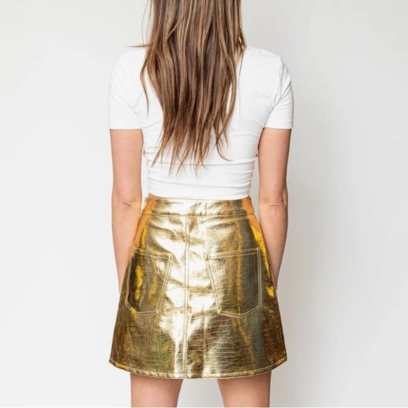 NWT Torn by Ronny Kobo Asymmetrical Faux Gold Leather Mini Skirt Size XS - Picture 3 of 10